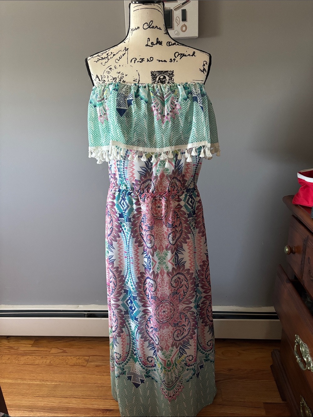 Off-Shoulder Maxi Dress in Teal, Pink & White